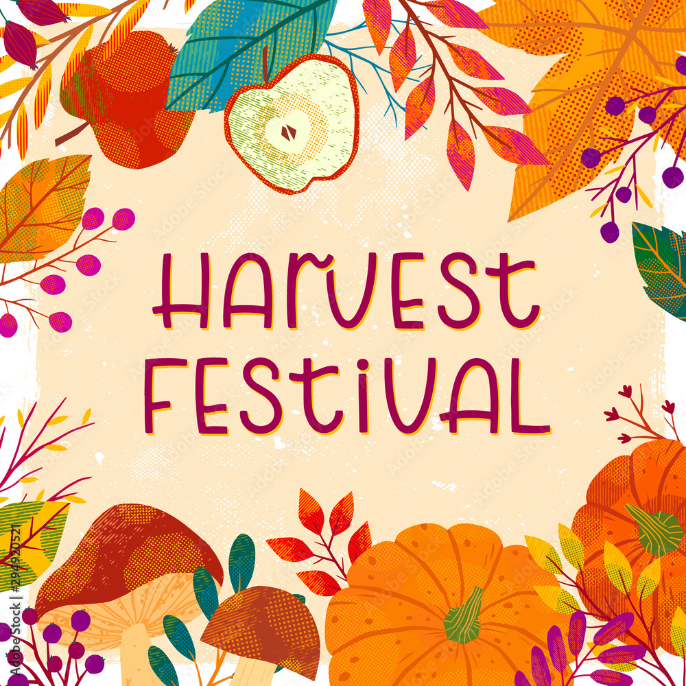 Autumn harvest festival poster with pumpkins,mushrooms,tree branches,apples,plants,leaves,berries and floral elements.Harvest fest design.Trendy fall vector illustration.