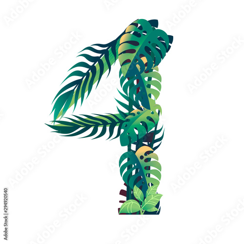 Leaf number 4 with different types of green leaves and foliage cartoon style design flat vector illustration isolated on white background