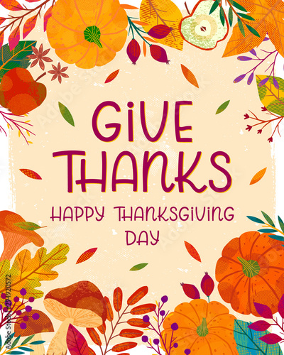 Happy Thanksgiving day poster with pumpkins,mushrooms,tree branches,apples,plants,leaves,berries and floral elements.Holiday background design.Trendy autumn vector illustration.