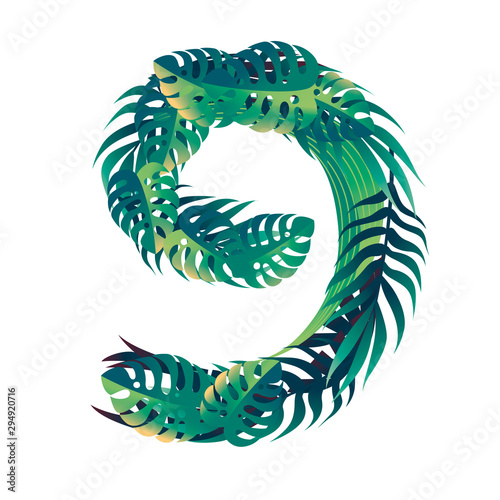 Leaf number 9 with different types of green leaves and foliage cartoon style design flat vector illustration isolated on white background