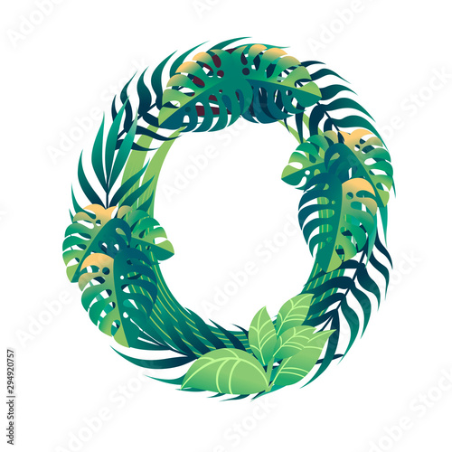 Leaf number 0 with different types of green leaves and foliage cartoon style design flat vector illustration isolated on white background