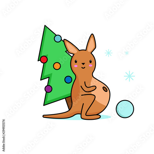 .A kangaroo with the belly and new year, Christmas tree. Kawai. Snowflakes, snowball. Christmas toy. Smile.