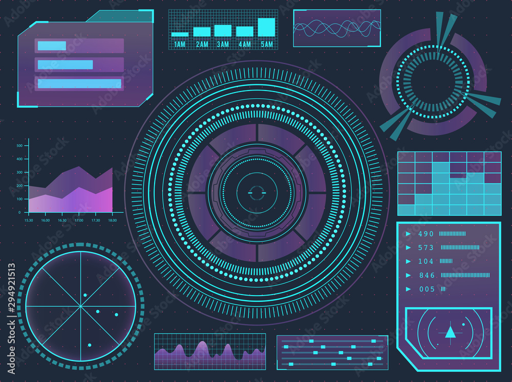 Fototapeta premium HUD elements sci-fi science futuristic user interface. Menu buttons, virtual reality, infographic vector illustration.
