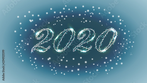 Christmas card abstract background, New Year 2020. Neon glow, winter and snowballs