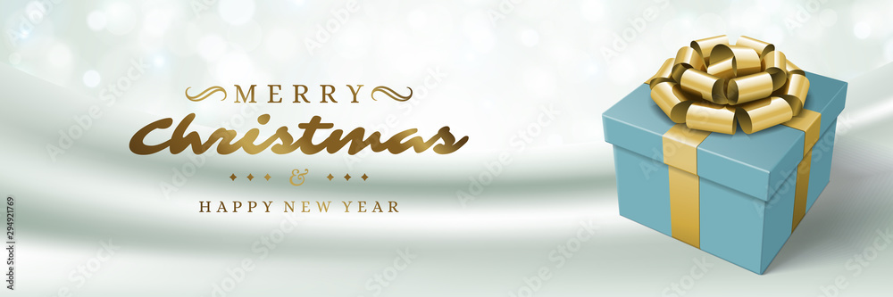 Christmas banner horizontal design template with xmas gift box and sparkles lights, typographic wish vector illustration Christmas banner horizontal design template with xmas gift box and sparkles lights, typographic wish vector illustration