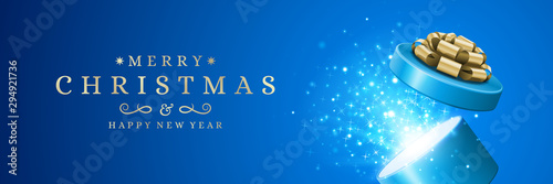 Christmas banner horizontal design template with xmas open gift box and sparkles lights, typographic wish vector illustration