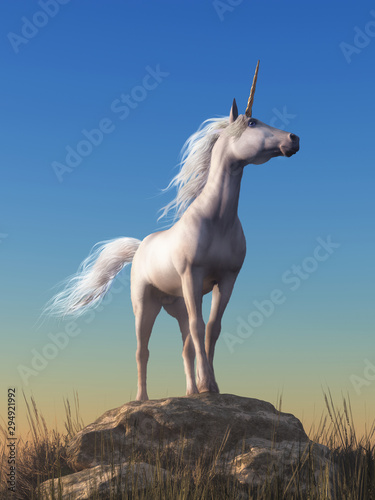 The mythological unicorn stands atop a boulder  the proudest horse  its spiral horn pointing to the sky in this fantasy equine scene. 3D Rendering