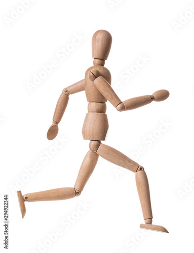 Wooden man Isolated on a white background. Gestalt in the shape of a running man. Profile view