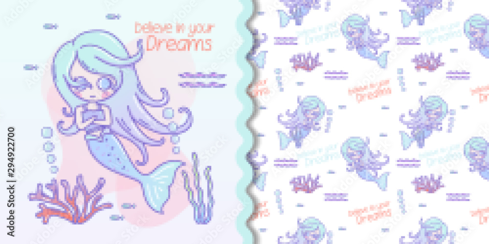 Plakat Cute seamless pattern with mermaids and jellyfish. Turquoise and coral colors. Vector childrens background. Suitable for printing on T-shirts, fabrics, textiles, wallpaper.