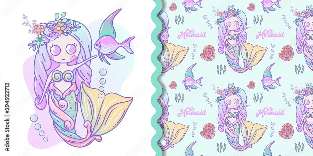 Cute little mermaid and marine life cartoon with pattern set