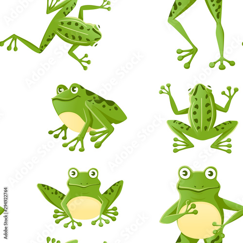 Fototapeta Naklejka Na Ścianę i Meble -  Seamless pattern of cute smiling green frog sitting on ground cartoon animal design flat vector illustration on white background