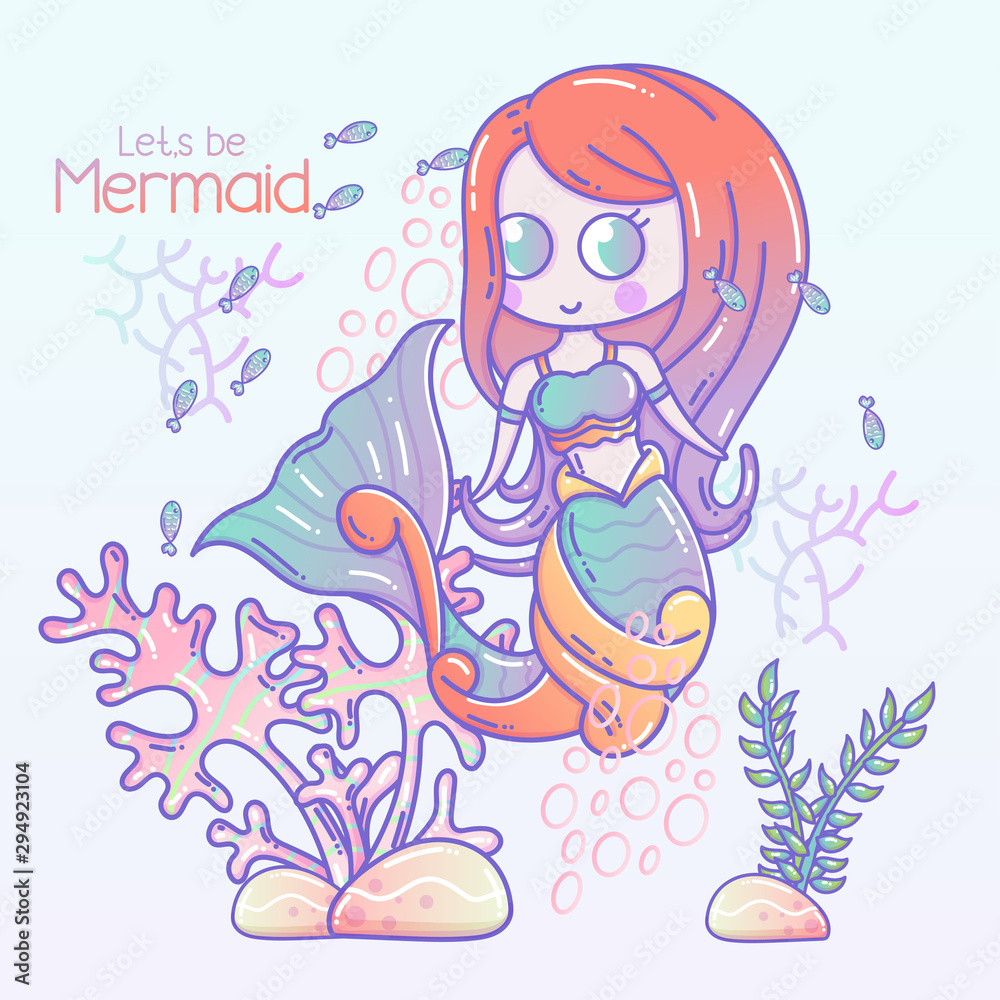 Plakat cute mermaid and sea life cartoon