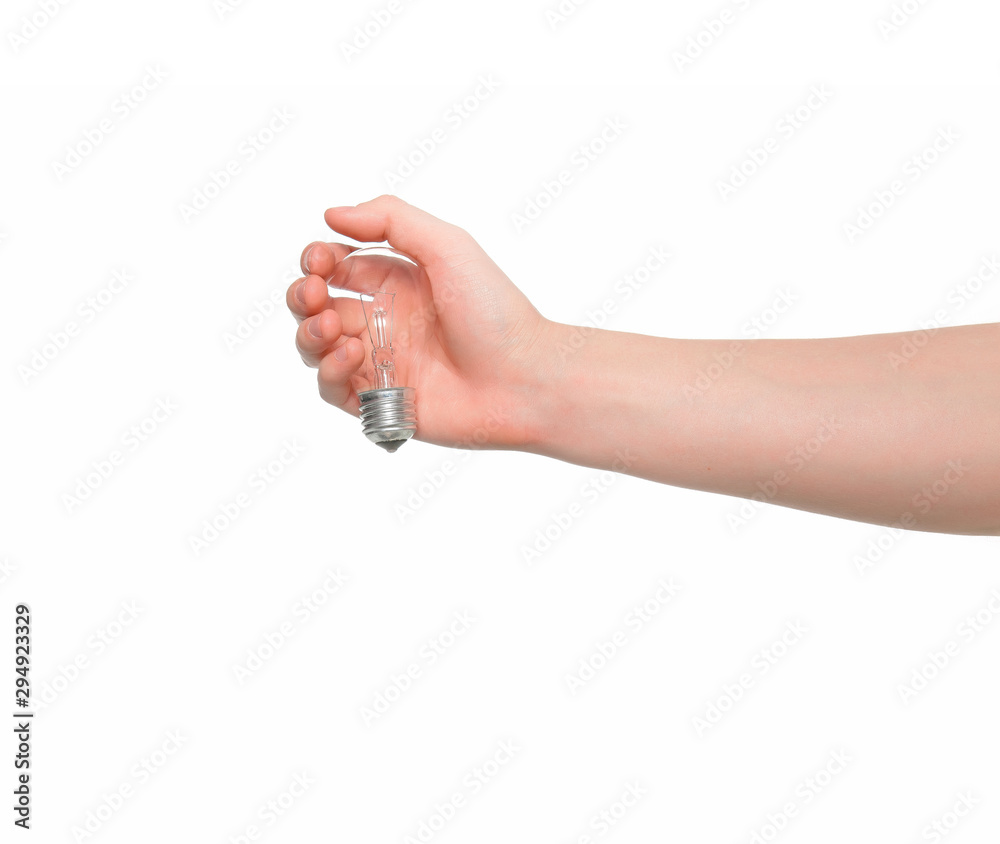 Hand holding light bulb on isolated white background Hand holding light bulb on isolated white background