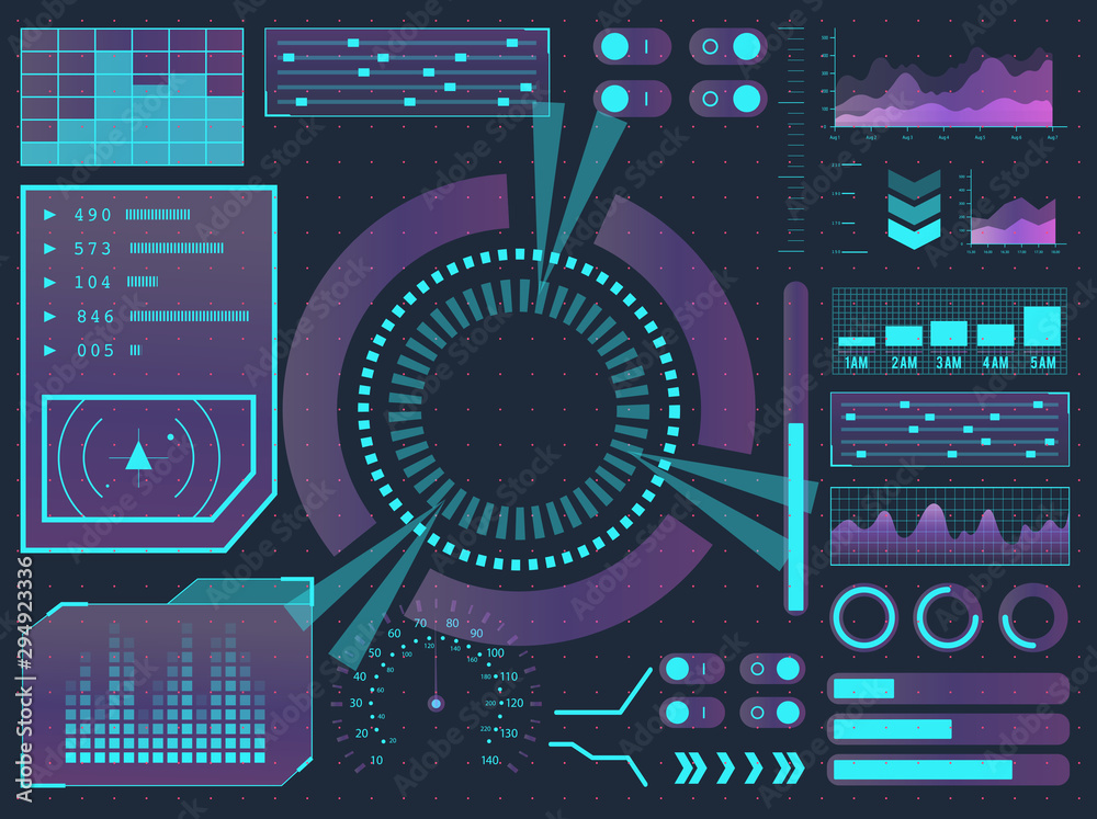 Obraz premium HUD elements sci-fi science futuristic user interface. Menu buttons, virtual reality, infographic vector illustration.