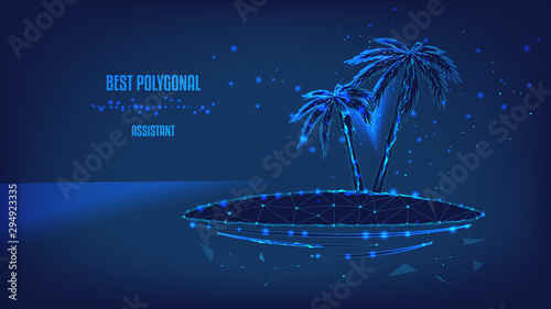 Silhouettes of two palm trees on an islet from polygons and points. Dream concept or Concept of vacation, trip, travel or tourism. Background of beautiful dark blue night sky. Low poly.