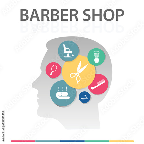 Barber Shop Infographics vector design. Timeline concept include scissors, straight razor, foam brush icons. Can be used for report, presentation, diagram, web design