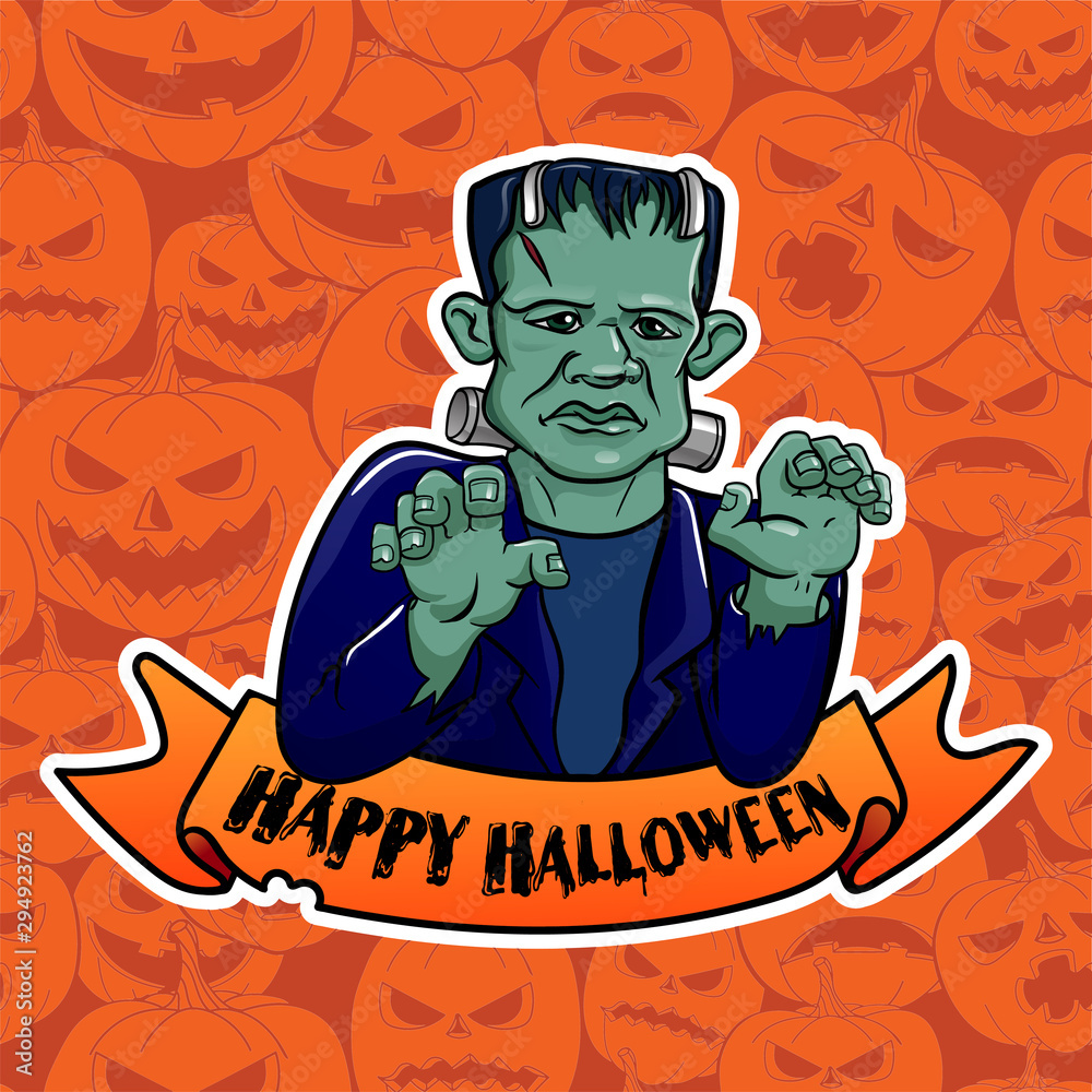 frankenstein vector illustration. Frankenstein zombie halloween costume character with the inscription happy Halloween sticker