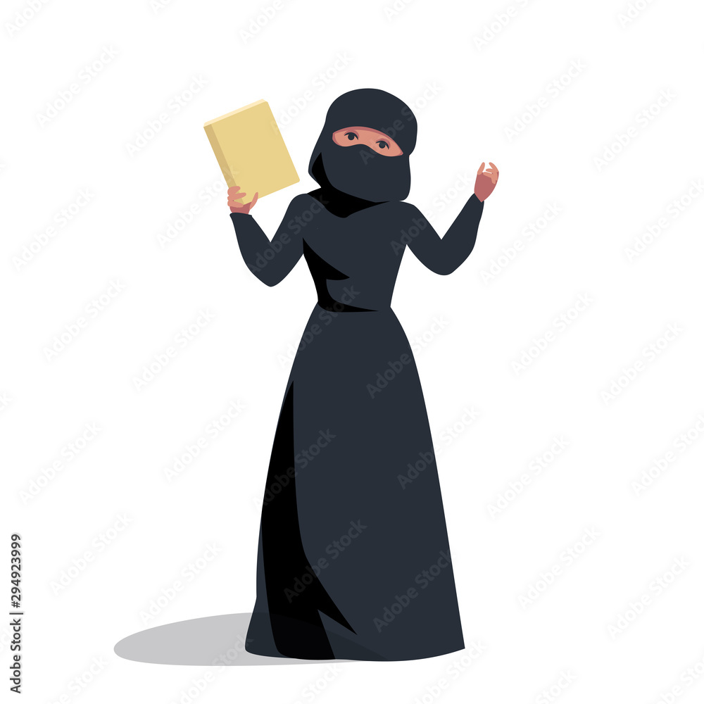 Muslim woman holds a book, shows a hand. religion of islam. hijab woman in national dress, burqa. vector illustration