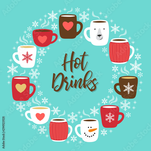 Cute Hot Drinks background with hand drawn cozy mugs