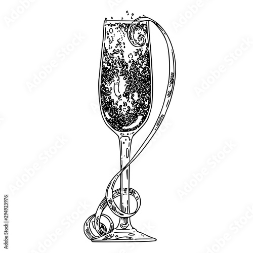Glass of champagne and serpentine. Sketch. Engraving style. Vector illustration.