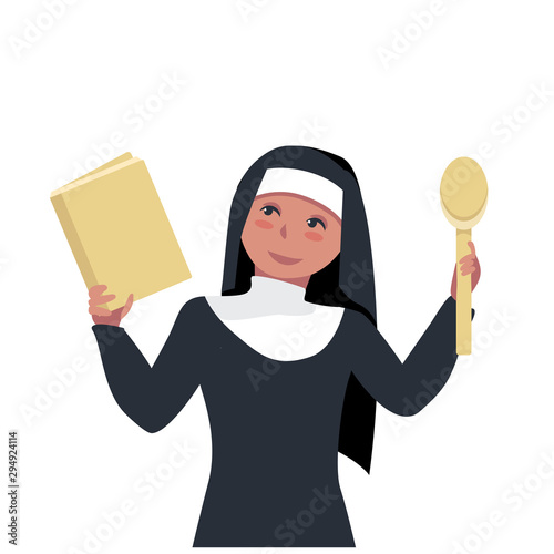 nun holds a book of recipes for lean dishes. close-up Sister of Mercy. religious fasting in food. vector illustration