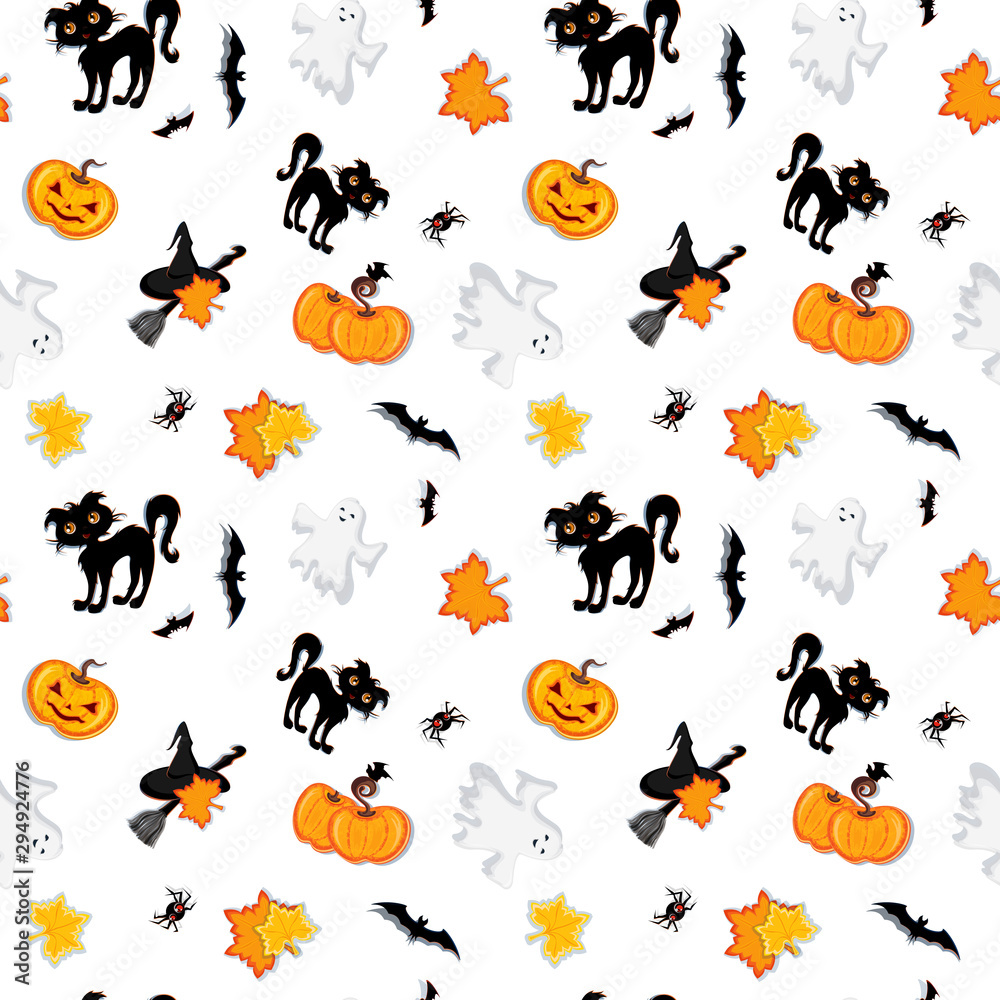 Cartoon Halloween set. Characters collection isolated on white background: witch, ghost, pumpkins, bats, spider, cat, moonlight and drawn lettering. Vector, EPS 10