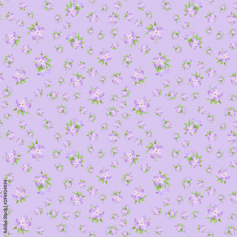 Seamless pattern of watercolor geranium flowers. Perfect for web design, cosmetics design, package, textile, wedding invitation, logo