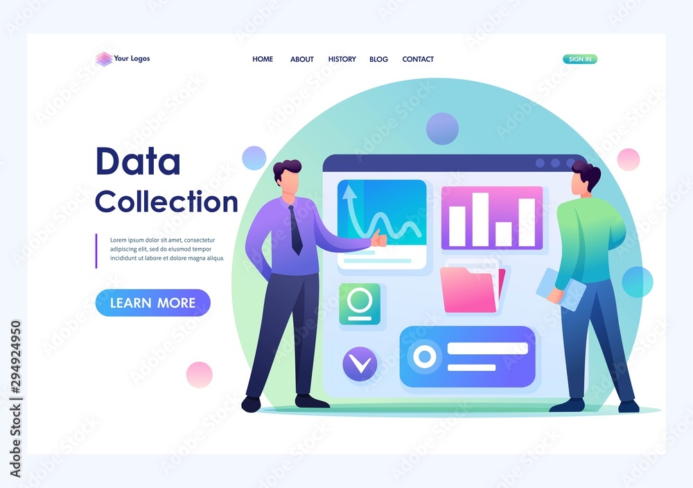 Young businessmen collect data on the Internet. Concept of data collection. Flat 2D character. Landing page concepts and web design