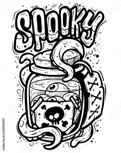 Graphic black and white hand drawn glass jar with lid, paper label, skull, human eyes and octopus tentacles. Spooky halloween text. Isolated on white background. Vector icon.