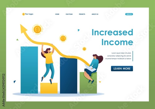 Young girls create a profitable business and increase revenues, profit growth, income analysis. Flat 2D character. Landing page concepts and web design
