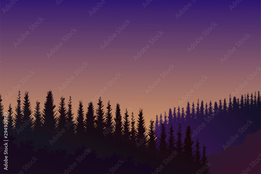 Evening mountain landscape with trees. Vector background