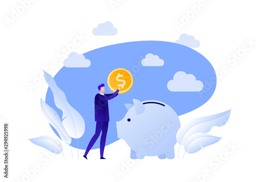 Vector flat piggybank money save illustration. Businessman holding coin and pig on blue sky background. Concept of banking, income deposite, pension. Design element for banner, poster, infographics.