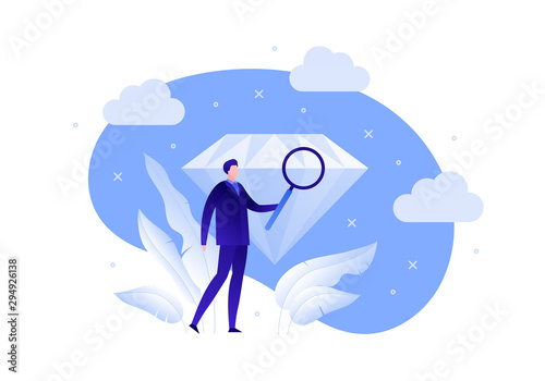 Vector flat business idea people illustration. Businessman in suit with magnifier study gem on blue background. Concept of brilliant creativity, ideas. Design element for banner, poster, infographic