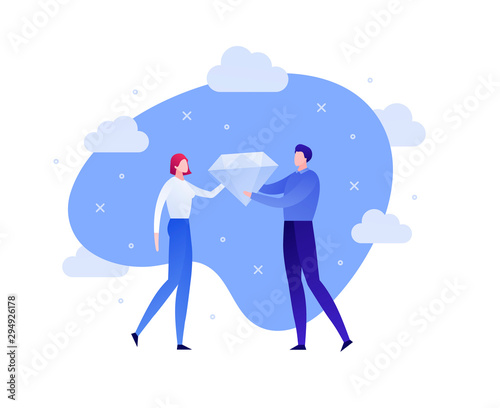Vector flat family gift person illustration. Male give huge diamond to woman on blue sky background. Concept of anniversary, love, valentine. Design people element for banner, poster, infographic