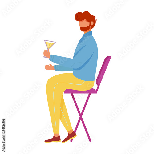Bearded man with cocktail sitting on chair flat vector illustration. Holiday, party celebration. Nightlife. Confident caucasian guy with alcoholic drink isolated cartoon character on white background