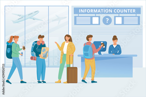 Airport information counter flat vector illustration. Transfer zone. Travelers in air terminal. Commercial air transport. Passengers talking, man asking employee for help cartoon characters