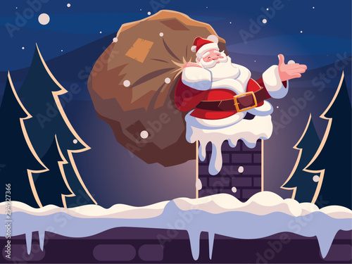 christmas card of santa claus entering the chimney