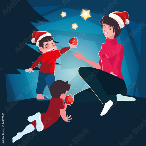 woman with children in christmas evening scene