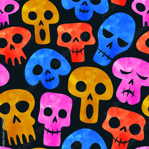 Funny watercolor skeleton skull seamless pattern