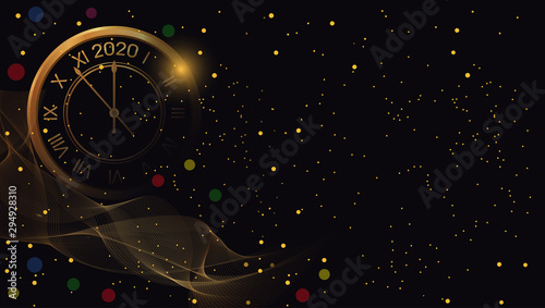 Happy New Year 2020 and Christmas glow black background with golden clock. Bright Xmas banner. Vector