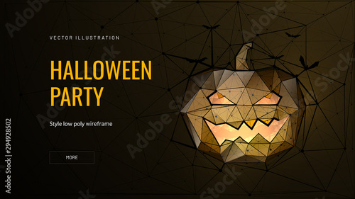 Halloween party low poly landing page template. Traditional autumn holiday web banner. 3d pumpkin polygonal illustration. Jack o lantern with scary grimace mesh art homepage design layout