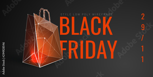 Black friday low poly banner template. Purchase, bargain polygonal illustration. Low prices promotion web banner. Sale, discount banner. Special offers announcement art poster design layout