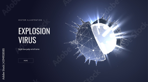 Explosion virus low poly wireframe landing page template. Medicine science web banner. 3d illness cell polygonal illustration. Glowing sickness component mesh art homepage design layout
