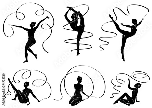 Collection. Rhythmic gymnastics. Silhouette of a girl with a ribbon. Beautiful gymnast. The woman is slim and young. Vector illustration set.