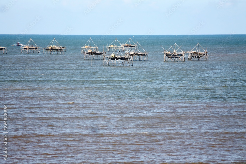 Aerial view of fish pens off the coast of Bislig City in Surigao del ...