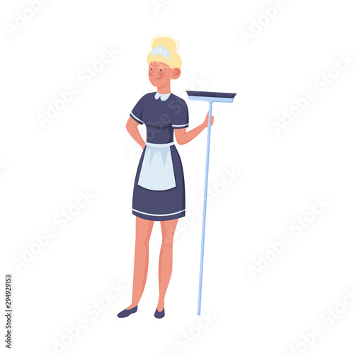 Woman maid standing and holding cleaning brush vector illustration