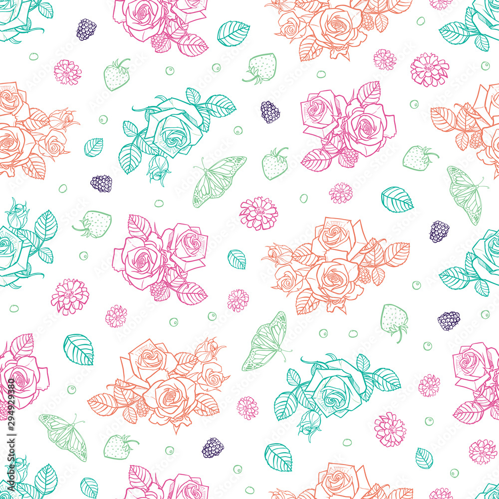Vector white spaced out roses and berries seamless pattern. Perfect for fabric, scrapbooking and wallpaper projects.