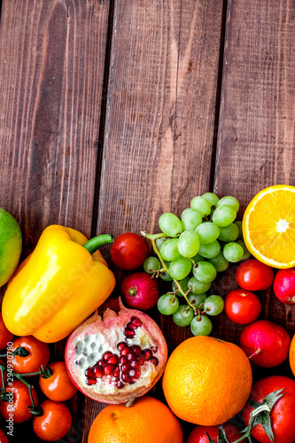 summer food with fresh fruits and vegetables top view space for text