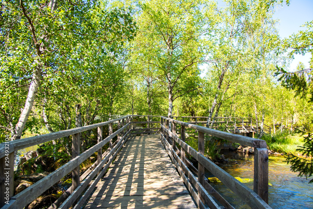 Wooden bridge and summer view, ksmylly (Akasmylly), Muonio, Lapland, Finland