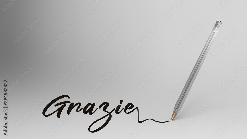 Grazie, grazie parola scritta con penna di plastica in corsivo su